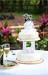 Wedding cake and champagne set up on a table in the garden.  Two grooms are on top of the cake.
