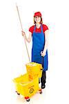Teenage worker in uniform, with a mop and bucket.  Full Body isolated on white.