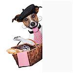 french dog with  Picnic basket behind placard