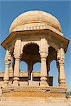 Chhatris on ruins of the royal cenotaphs of ancient Maharajas rulers  with floral ornament in Bada Bagh, Jaisalmer, India