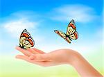 Hand holding a butterflies against a blue sky. Vector illustration.