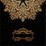 Elegant gold frame banner with crown, floral elements  on the ornate background. Vector illustration. EPS 10.