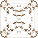 Vector set of gold decorative horizontal floral elements, corners, borders, frame, dividers, crown.  Page decoration.