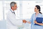 Smiling doctor shaking hands with nurse in medical office