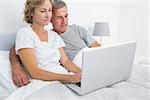Happy couple using their laptop together in bed at home in bedroom