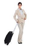 Businesswoman with suitcase against white background