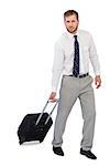 Serious businessman with suitcase against white background