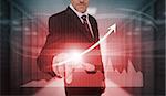 Businessman pressing red growth arrow and graph interface in data center