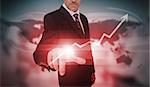 Businessman selecting red growth arrow interface on world map background