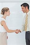 Businessman shaking hands with his attractive colleague in bright office