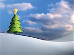 Illustration of Christmas tree against cloudy, blue sky, on snowy hill