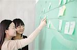 Businesswoman putting a stick note on the board, another businesswoman looking at the board