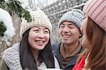 Three friends talking in a park in the snow