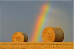 Straw rolls on stubblefield with rainbow, Hesse, Germany, Europe