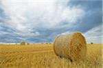 Straw rolls on stubblefield and rain clouds, Hesse, Germany, Europe