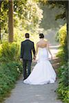 Backview of Bride and Groom holding hands, walking down pathway outdoors, on Wedding Day