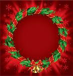 Isolated raster version of vector green holly wreath with red ribbon and gold bells on a red shining background