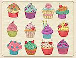 Hand drawn sketchy set of cupcakes on a wrinkled paper.