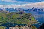 Panoramic view of scenic mountain peaks on Lofoten islands in Norway in summer