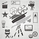 Old black and white movie camera with movie icons on retro background