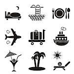 Set of nine black travelling and accommodation icons on stone-like background