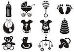 Set of twelve black and white baby boy and girl icons