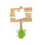Illustration wooden signpost with announcement, grass - vector