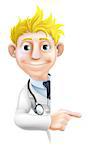 An illustration of a friendly cartoon doctor peeking round pointing at a sign or banner