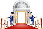 An illustration of a red carpet entrance with velvet ropes and two doormen welcoming the viewer in