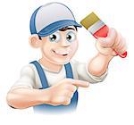 Illustration of a cartoon painter decorator in a cap pointing