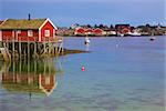 Typical red rorbu hut in fishing harbour in scenic town Reine on Lofoten islands in Norway