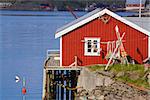 Picturesque red fishing hut on the coast of fjord on Lofoten islands in Norway