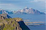 Scenic view of sharp mountain peaks on Lofoten islands in Norway during summer