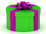 Green gift box with purple ribbon and a beautiful bow