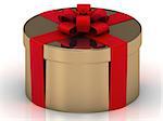 Golden gift box with a beautiful red bow and ribbon