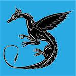 Black dragon on the blue background during the flight. Hand drawing vector illustration with editable background