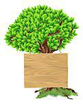 Illustration of a bright green tree with a wooden sign suspended from it