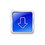 Blue glass button with chrome border and download icon