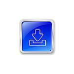 Blue glass button with chrome border and download icon