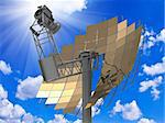 Directional antenna solar panels against a bright sunny sky with clouds