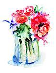 Beautiful flowers in vase, watercolor illustration