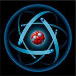 Illustration of an atom with blue electron shell, blue electrons, red protons and gray neutrons on a black background. The electrons produce the atomic shell. Neutrons and protons produce the atomic nucleus.