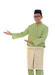 Traditonal Malay man with welcome gesture during ramadan isolated white background