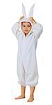 A boy dressed as a rabbit standing isolated on white background