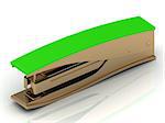 Golden stapler with a green handle on a white background