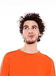 young thinking caucasian man portrait in studio on white background