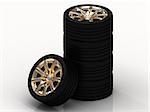 Black wheels with golden disks on white background