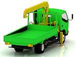 Green truck with a yellow crane assembled. Back view