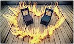 kids chairs on wooden floor with a big heart in flames