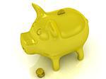Yellow piggy bank and gold coins on a white background
